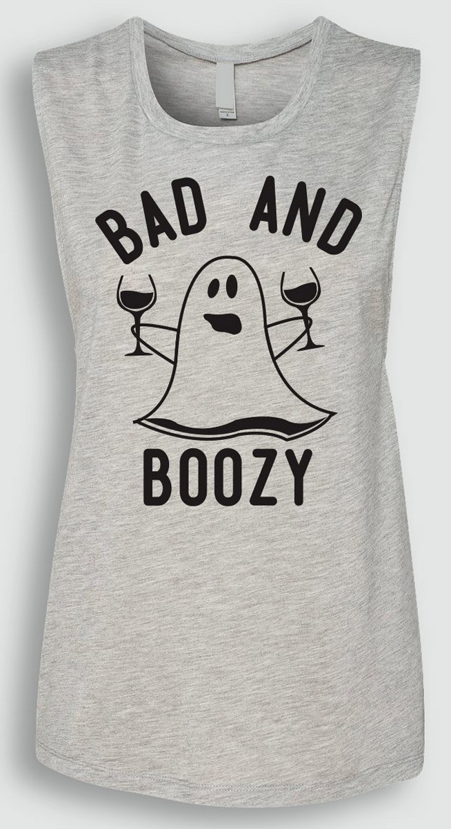 BAD & BOOZY Halloween Ghost Gray Muscle Tank Top featuring a playful design with wine and beer patterns.