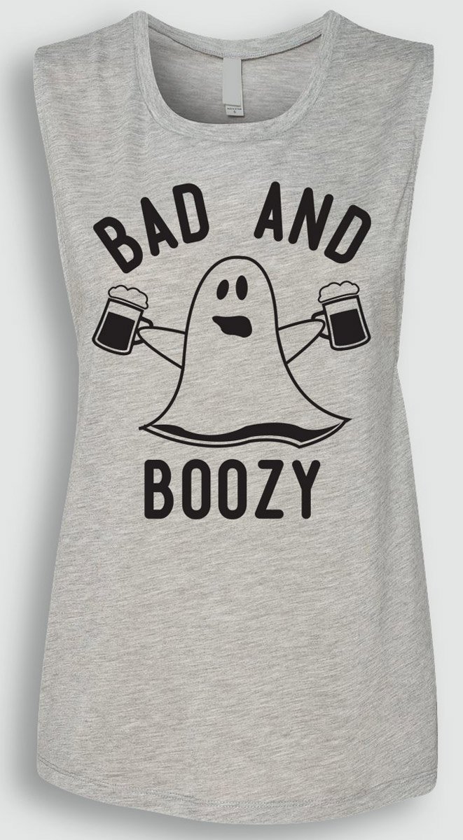 BAD & BOOZY Halloween Ghost Gray Muscle Tank Top featuring a playful design with wine and beer patterns.