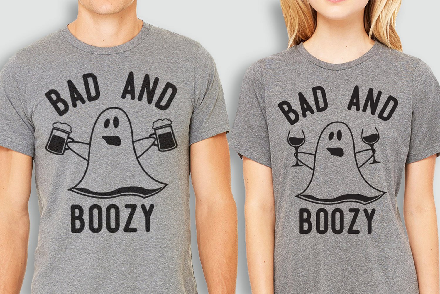 BAD & BOOZY Halloween Ghost Gray Unisex T-Shirt featuring a playful ghost graphic, available in wine and beer patterns.