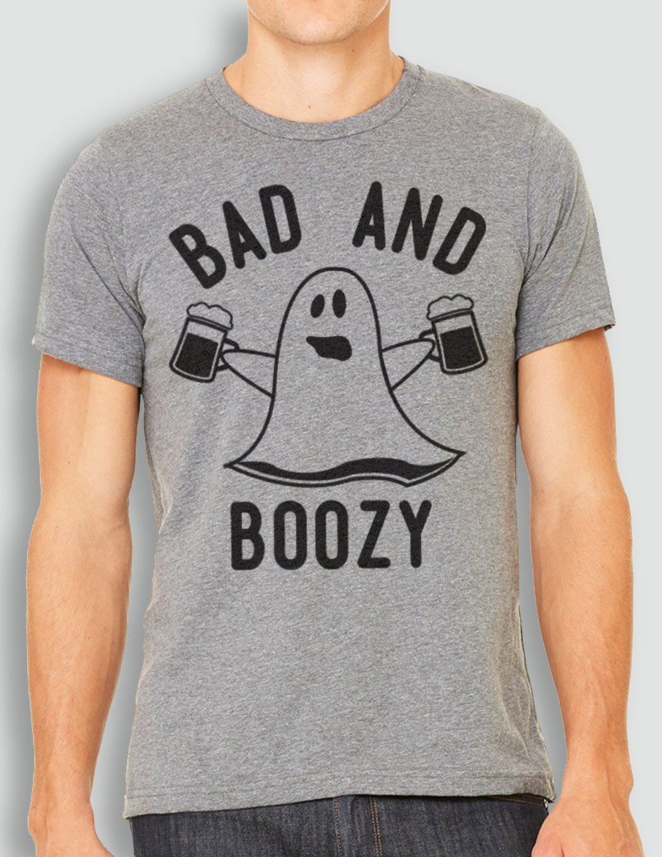 BAD & BOOZY Halloween Ghost Gray Unisex T-Shirt featuring a playful ghost graphic, available in wine and beer patterns.