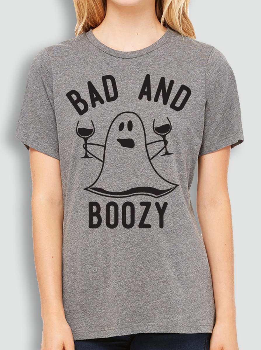 BAD & BOOZY Halloween Ghost Gray Unisex T-Shirt featuring a playful ghost graphic, available in wine and beer patterns.