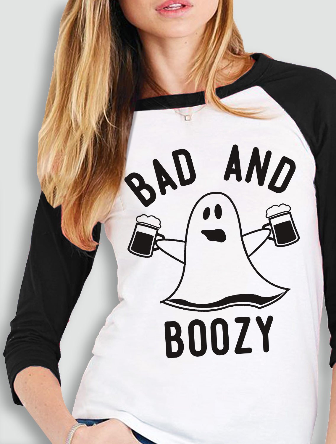 BAD & BOOZY Halloween Baseball Tee in white with black sleeves, featuring a fun graphic design perfect for Halloween celebrations.