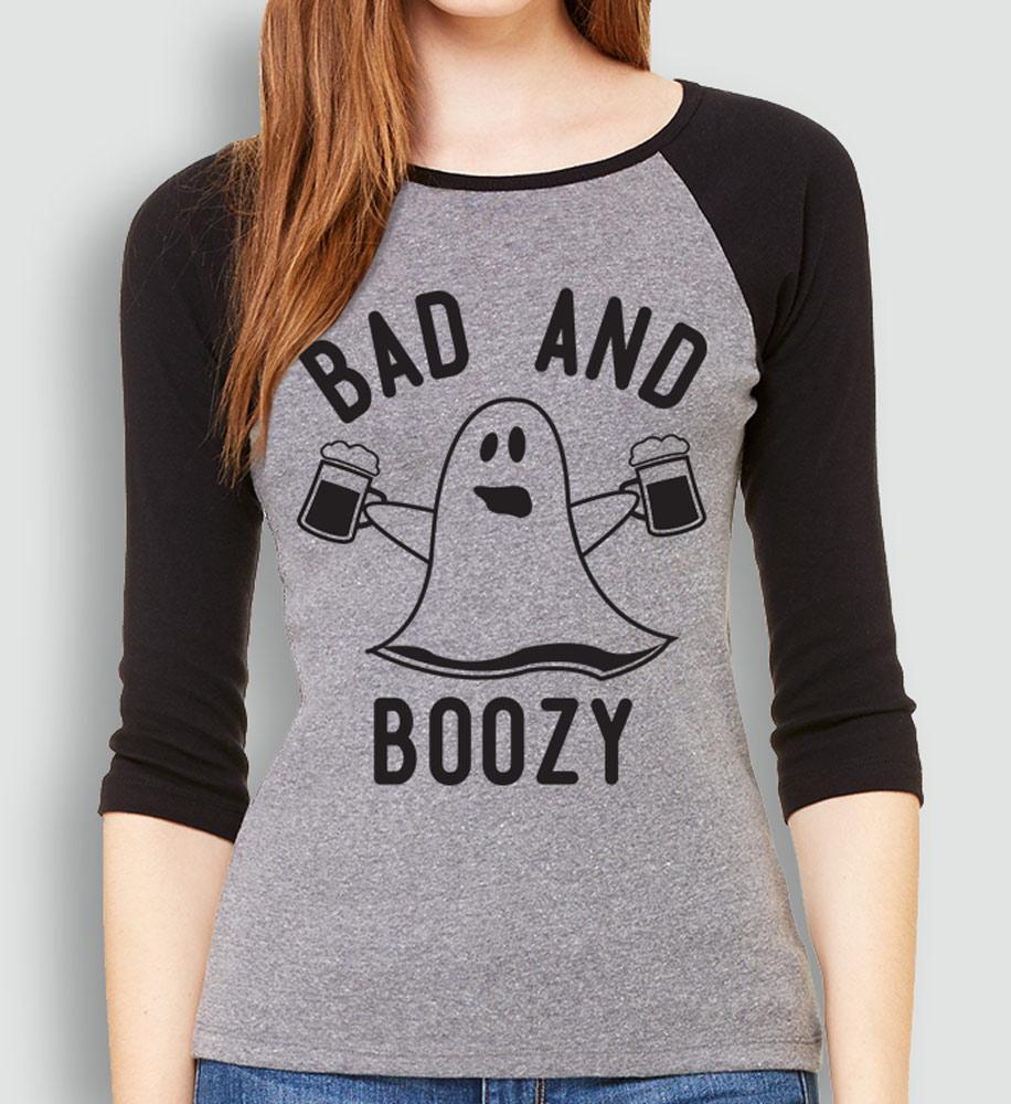 BAD & BOOZY Halloween Baseball Tee in white with black sleeves, featuring a fun graphic design perfect for Halloween celebrations.