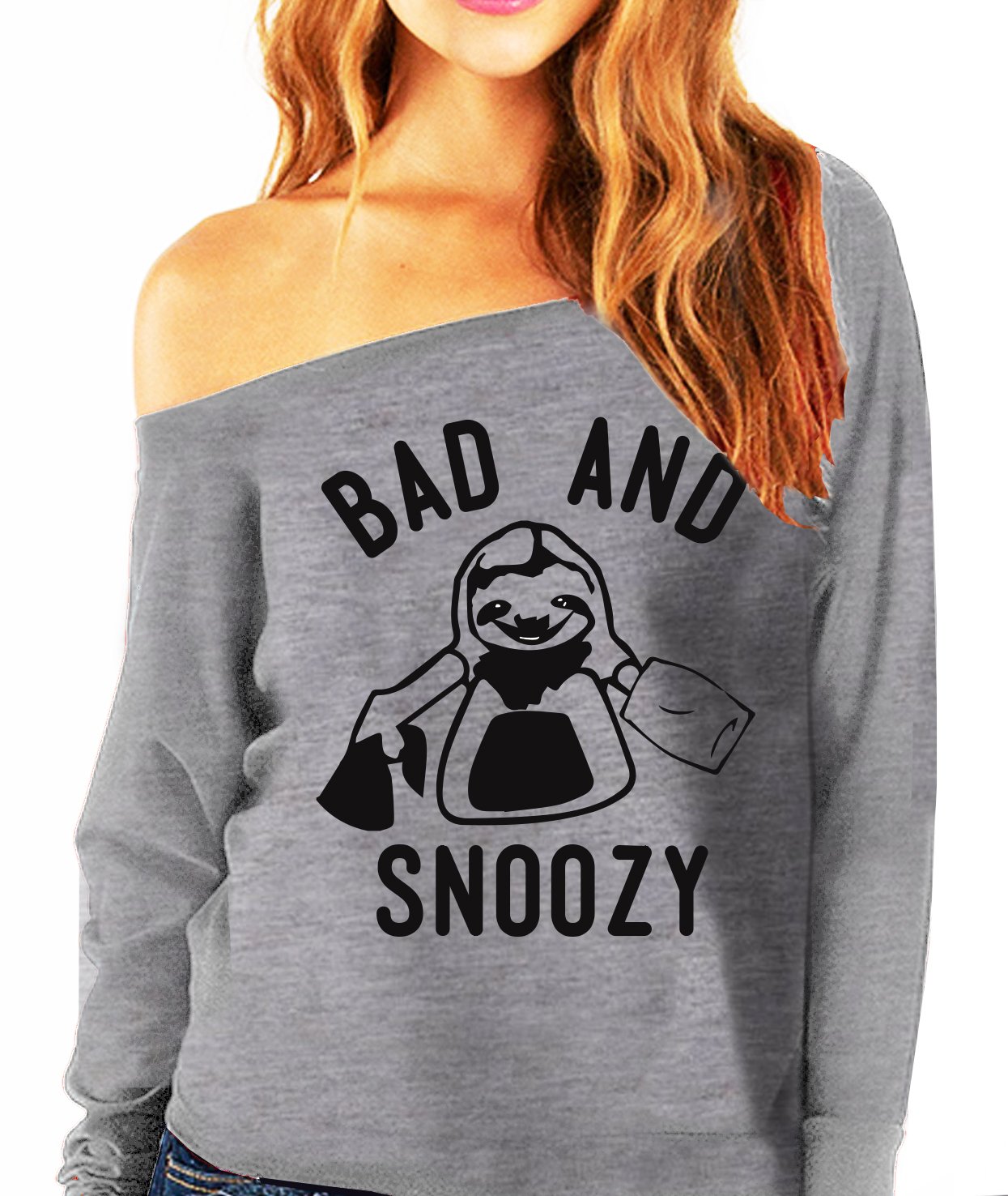 BAD & SNOOZY Sloth Gray Off-Shoulder Sweatshirt featuring a slouchy fit and soft fabric, perfect for lounging.