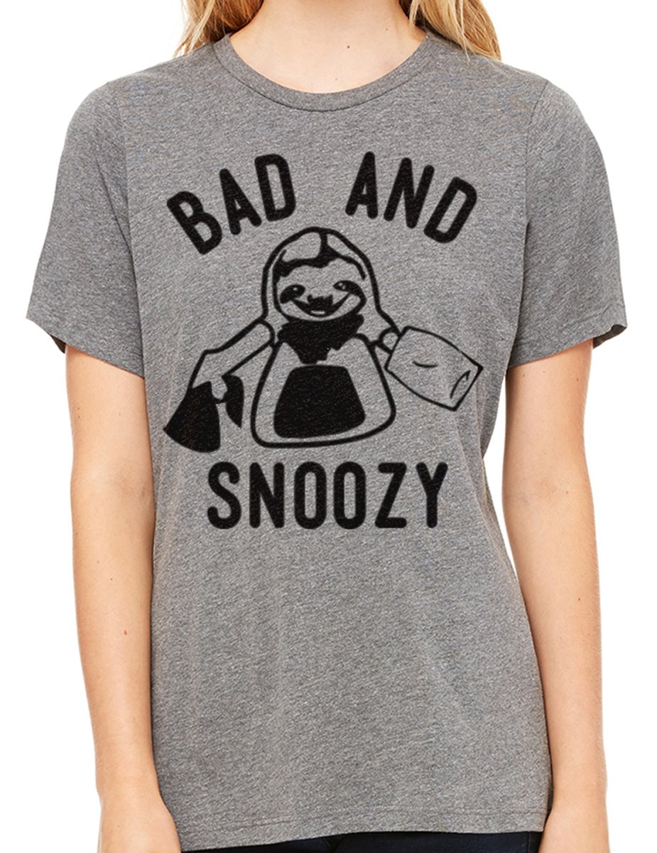 Gray unisex t-shirt featuring a sloth design with the text 'BAD & SNOOZY', perfect for casual wear.