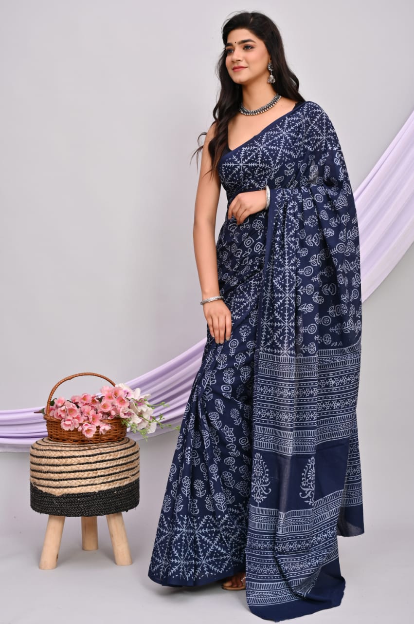 A beautiful Bagru hand block printed Kota Doria saree showcasing intricate patterns and vibrant colors, draped elegantly.