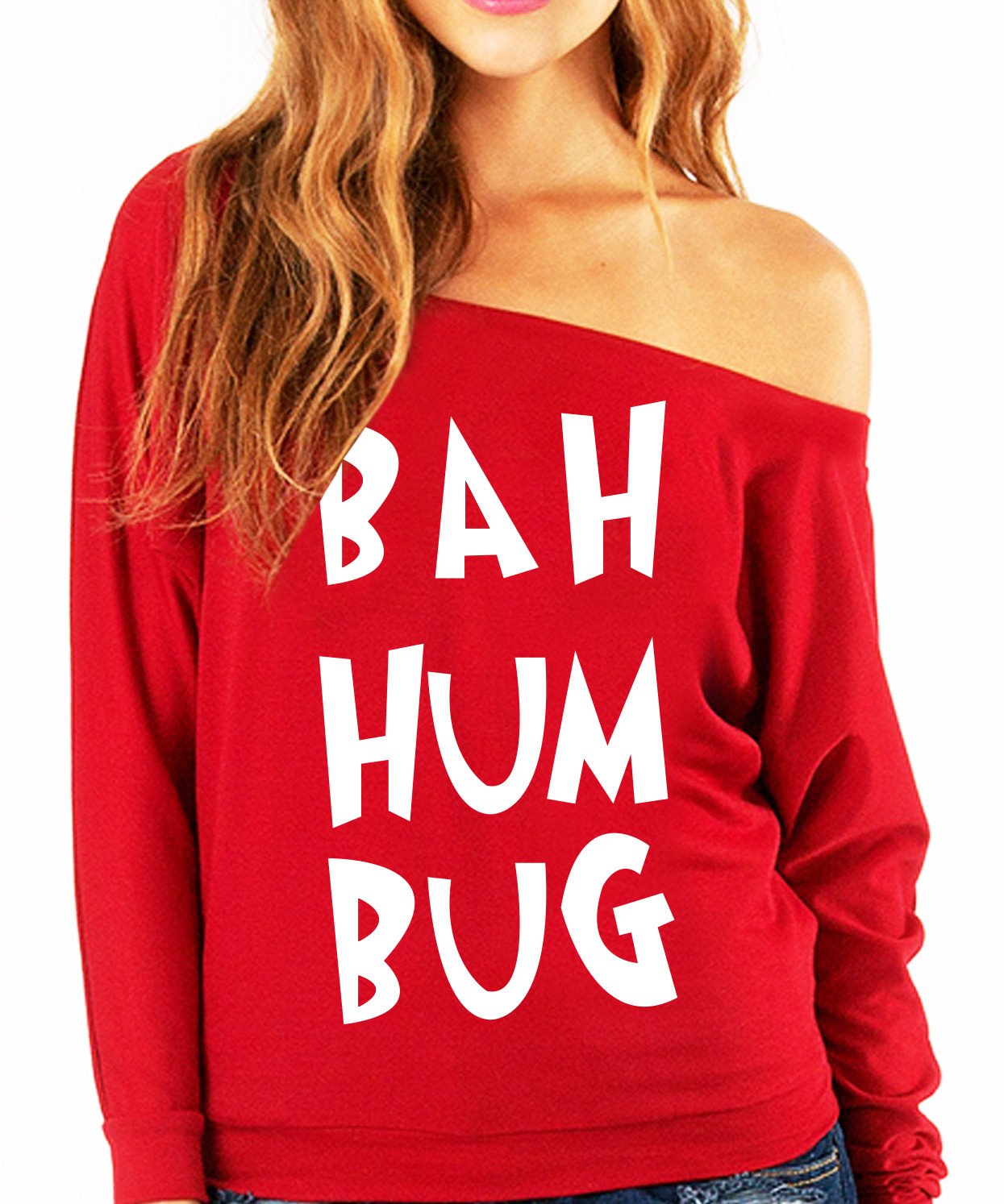 BAH HUM BUG Christmas Sweater featuring a slouchy off-shoulder design with festive lettering.