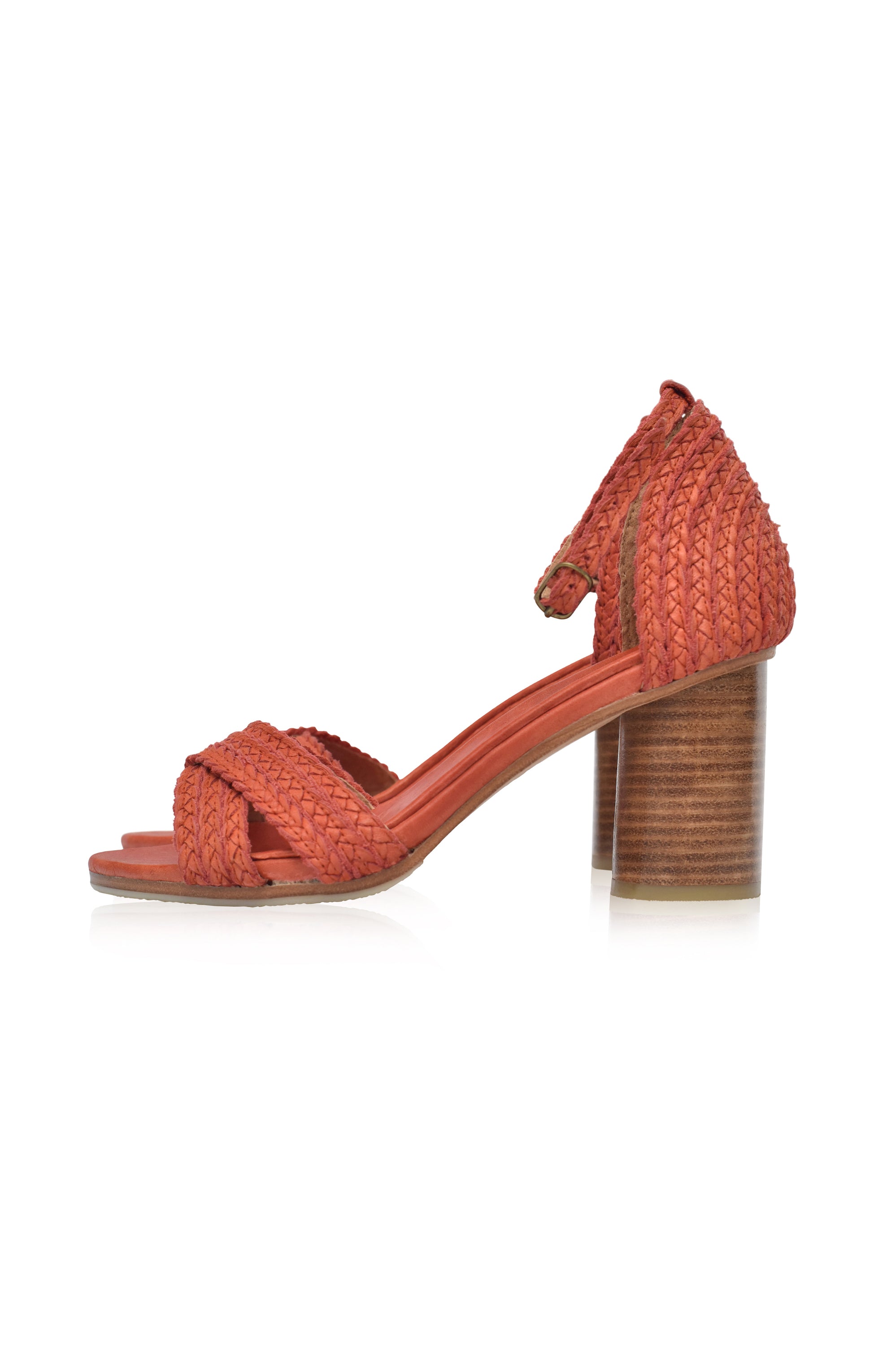 A pair of Bahamas Block Heel Sandals featuring a woven design, adjustable ankle strap, and a 7 cm wooden heel, perfect for stylish comfort.