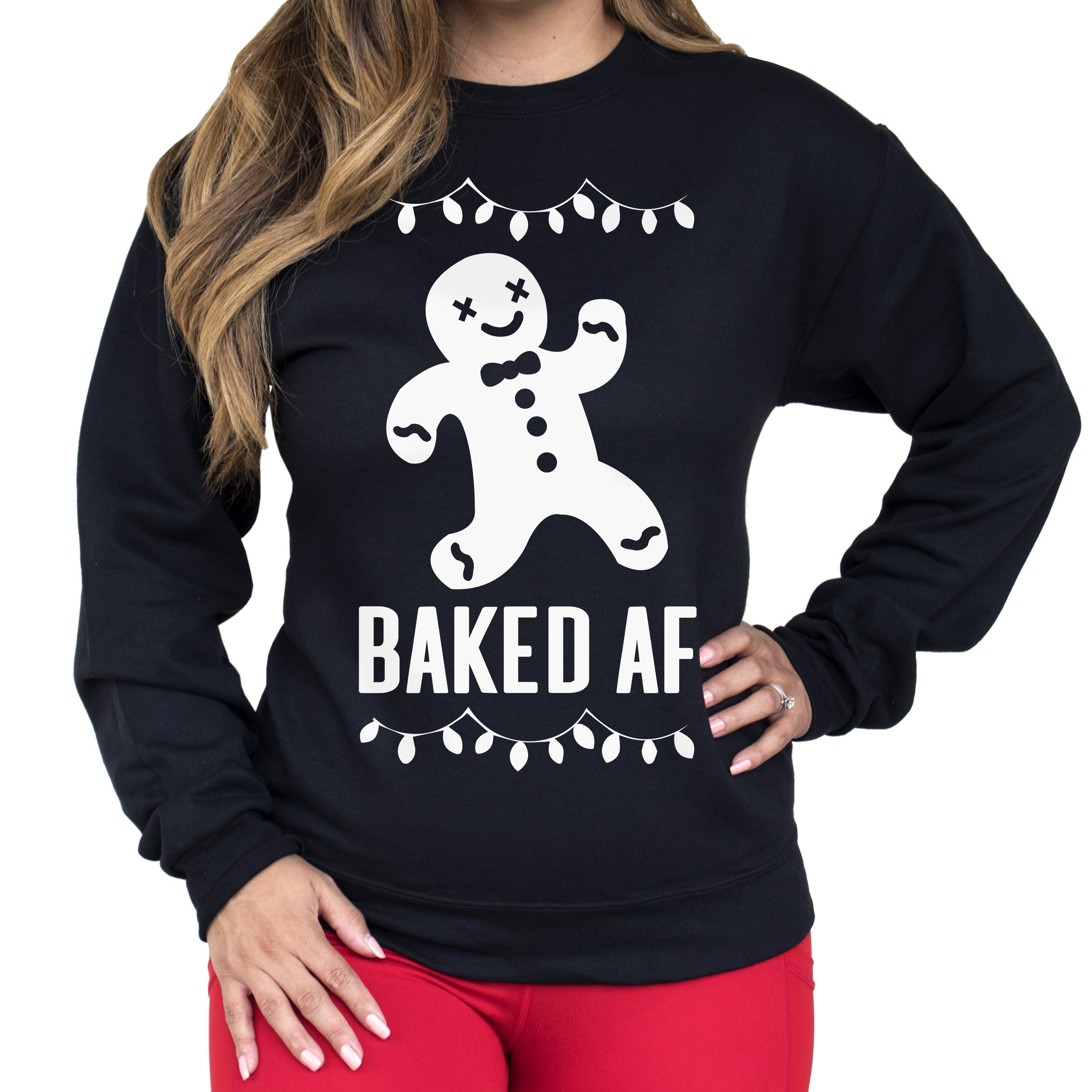 BAKED AF Christmas Sweatshirt in red, featuring a humorous design perfect for holiday parties.