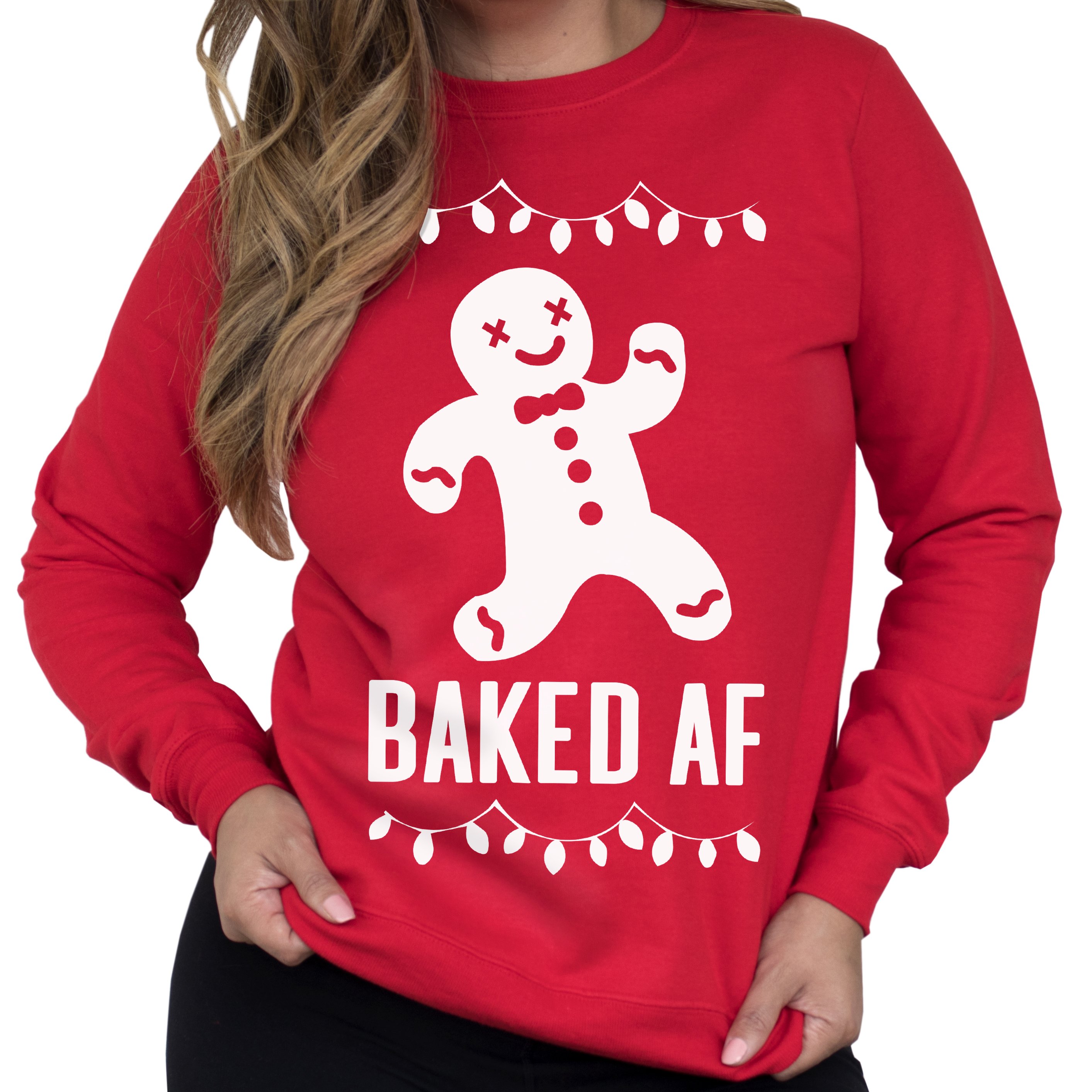 BAKED AF Christmas Sweatshirt in red, featuring a humorous design perfect for holiday parties.