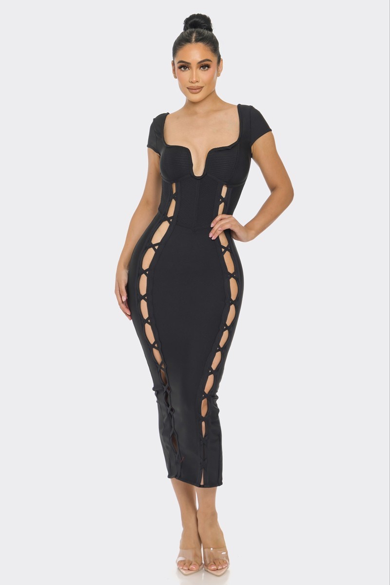 A stylish black bandage midi dress featuring a wired neckline, cut-outs, and a hidden back zipper, perfect for any occasion.