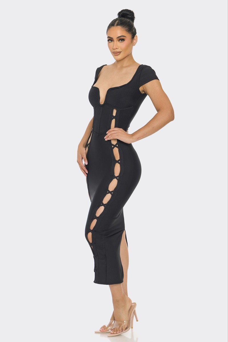 A stylish black bandage midi dress featuring a wired neckline, cut-outs, and a hidden back zipper, perfect for any occasion.