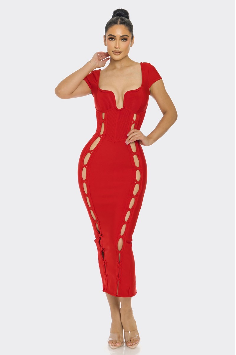 A stylish red bandage midi dress featuring a wired neckline, cut-outs, and faux lace-up detail, perfect for elegant occasions.