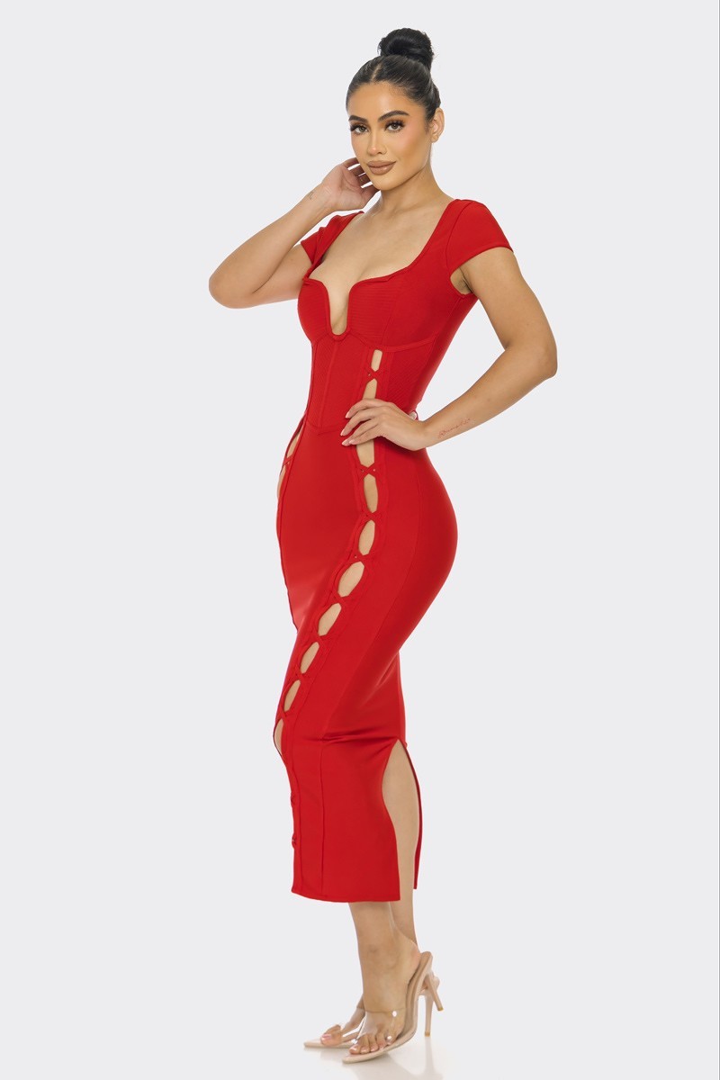 A stylish red bandage midi dress featuring a wired neckline, cut-outs, and faux lace-up detail, perfect for elegant occasions.