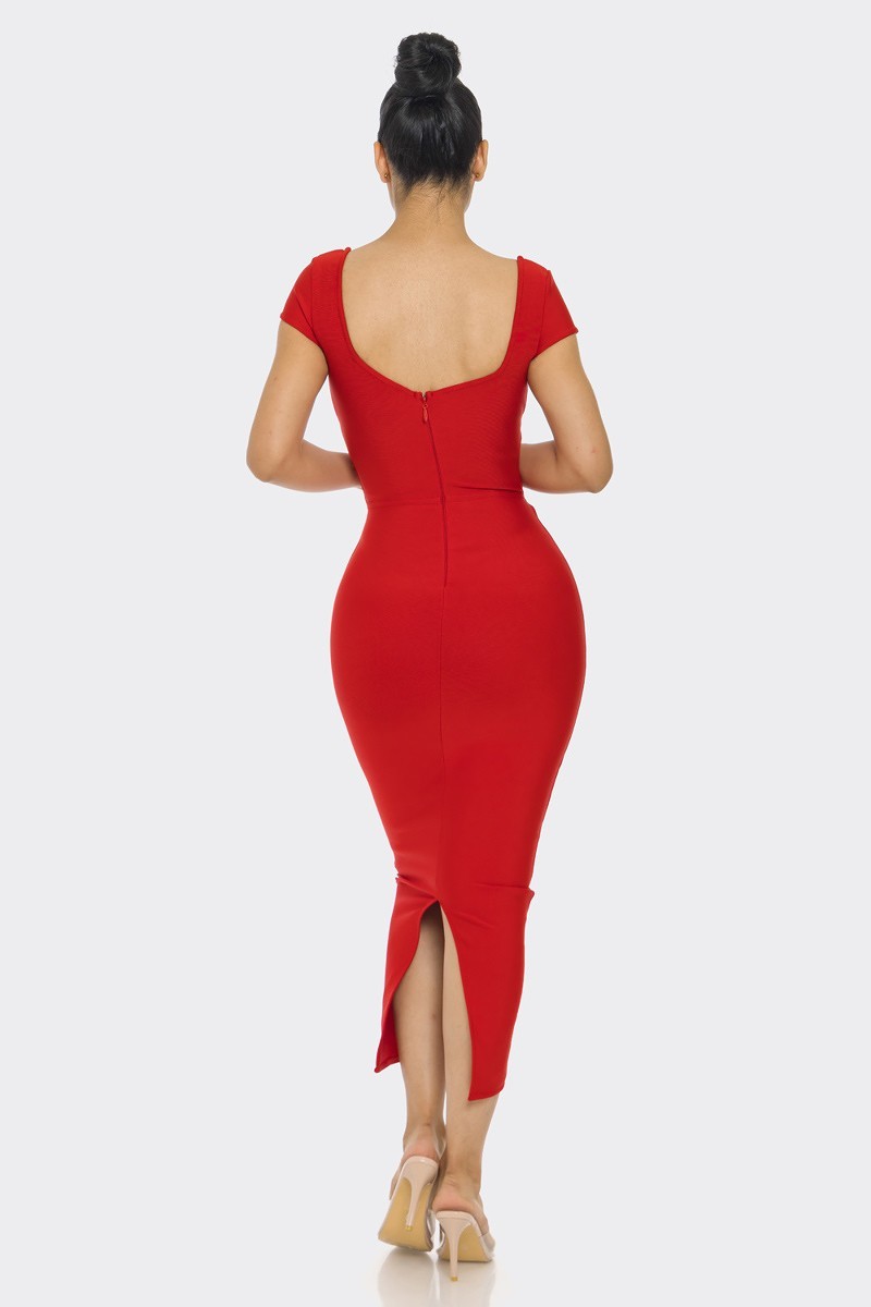 A stylish red bandage midi dress featuring a wired neckline, cut-outs, and faux lace-up detail, perfect for elegant occasions.