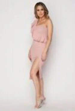 A stylish pink bandeau tuck body-conscious dress featuring a wrap design, side zip closure, and a chic side split, perfect for evening wear.