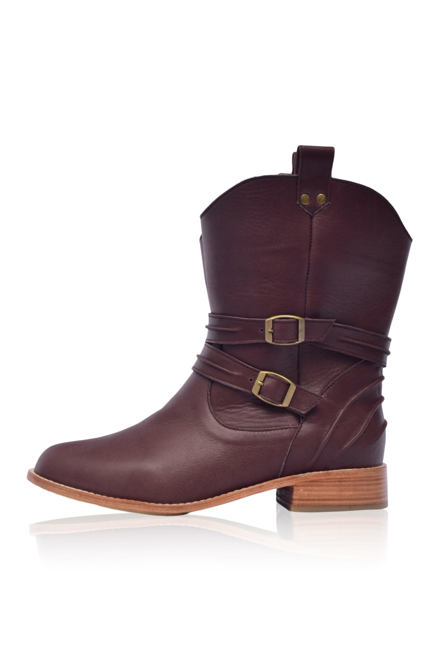 A pair of stylish Barcelona Leather Boots made from genuine leather, featuring buckled belts and pull-on side tabs, perfect for casual wear.