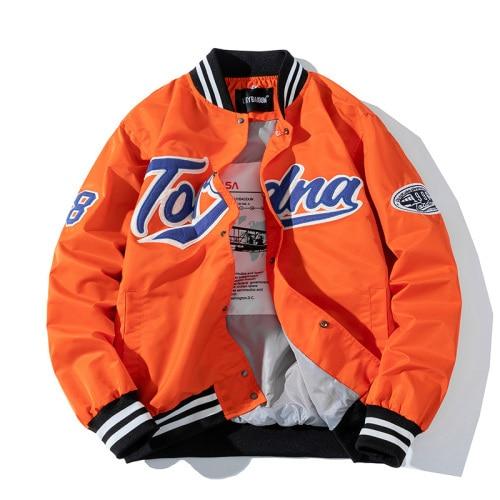 A stylish JOYSWAMM Baseball Jacket in vibrant orange, featuring a hood, covered button closure, and embroidered letter design, perfect for casual wear.