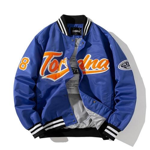 A stylish JOYSWAMM Baseball Jacket in vibrant orange, featuring a hood, covered button closure, and embroidered letter design, perfect for casual wear.