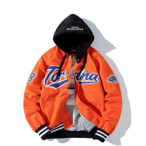 A stylish JOYSWAMM Baseball Jacket in vibrant orange, featuring a hood, covered button closure, and embroidered letter design, perfect for casual wear.