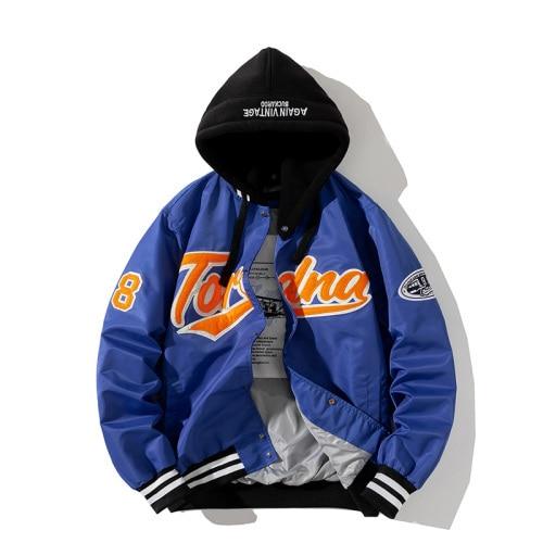 A stylish JOYSWAMM Baseball Jacket in vibrant orange, featuring a hood, covered button closure, and embroidered letter design, perfect for casual wear.