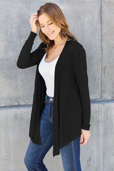 Basic Bae Full Size Open Front Long Sleeve Cardigan in a neutral color, showcasing its open front design and long sleeves.