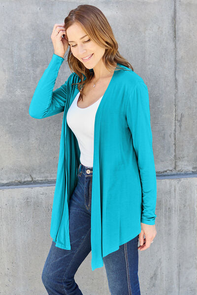 Basic Bae Full Size Open Front Long Sleeve Cardigan in a neutral color, showcasing its open front design and long sleeves.