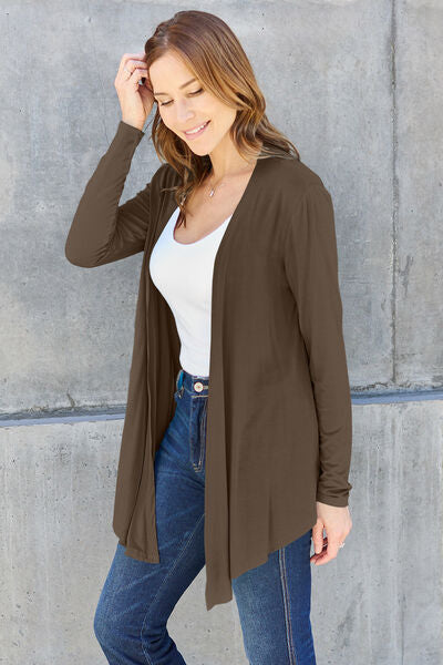 Basic Bae Full Size Open Front Long Sleeve Cardigan in a neutral color, showcasing its open front design and long sleeves.