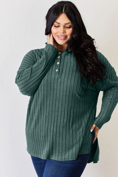 Basic Bae Full Size Ribbed Half Button Long Sleeve T-Shirt in a stylish high-low design, showcasing its ribbed texture and button detail.