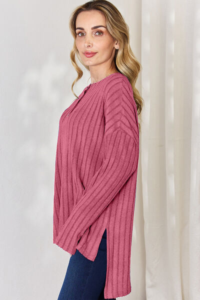 Basic Bae Full Size Ribbed Half Button Long Sleeve T-Shirt in a stylish high-low design, showcasing its ribbed texture and button detail.