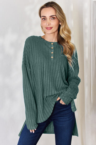 Basic Bae Full Size Ribbed Half Button Long Sleeve T-Shirt in a stylish high-low design, showcasing its ribbed texture and button detail.