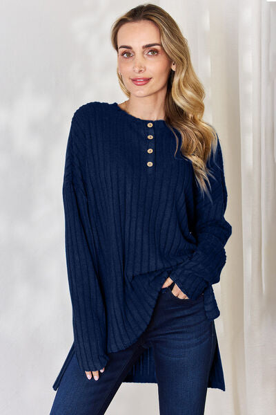 Basic Bae Full Size Ribbed Half Button Long Sleeve T-Shirt in a stylish high-low design, showcasing its ribbed texture and button detail.