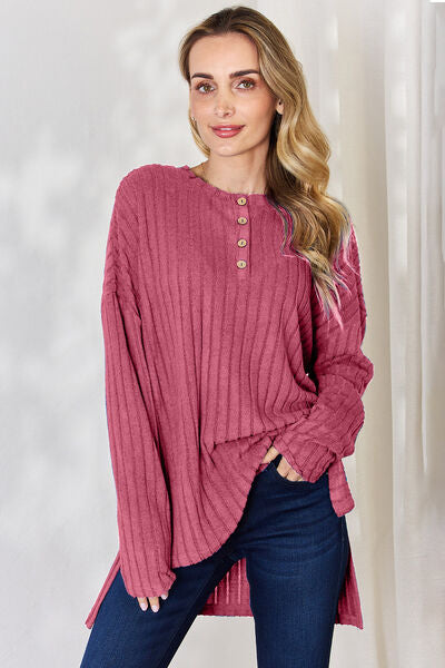 Basic Bae Full Size Ribbed Half Button Long Sleeve T-Shirt in a stylish high-low design, showcasing its ribbed texture and button detail.