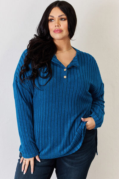 Basic Bae Full Size Ribbed Half Button Long Sleeve T-Shirt in a stylish high-low design, showcasing its ribbed texture and button detail.