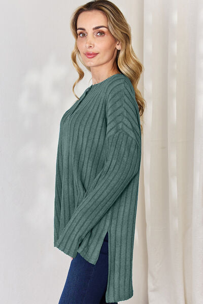 Basic Bae Full Size Ribbed Half Button Long Sleeve T-Shirt in a stylish high-low design, showcasing its ribbed texture and button detail.