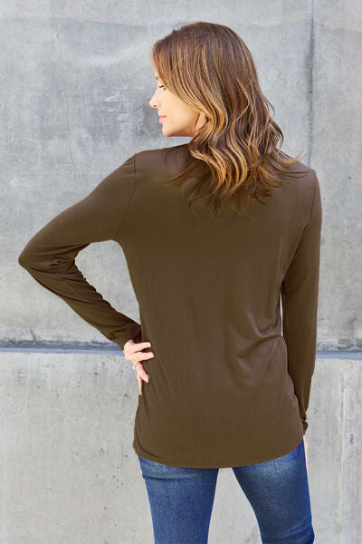 Basic Bae Full Size Round Neck Long Sleeve Top in various sizes, showcasing its classic design and soft fabric.