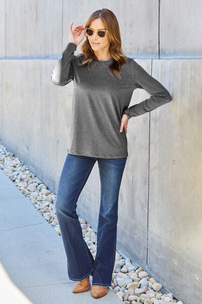 Basic Bae Full Size Round Neck Long Sleeve Top in various sizes, showcasing its classic design and soft fabric.