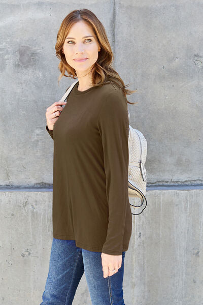 Basic Bae Full Size Round Neck Long Sleeve Top in various sizes, showcasing its classic design and soft fabric.