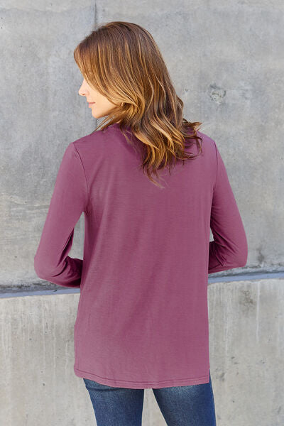 Basic Bae Full Size Round Neck Long Sleeve Top in various sizes, showcasing its classic design and soft fabric.