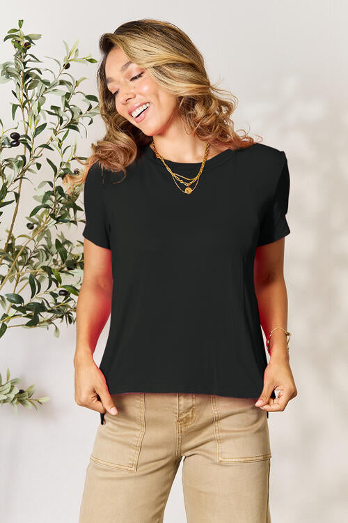 Basic Bae Full Size Round Neck Short Sleeve T-Shirt in various sizes, showcasing its soft fabric and classic design.