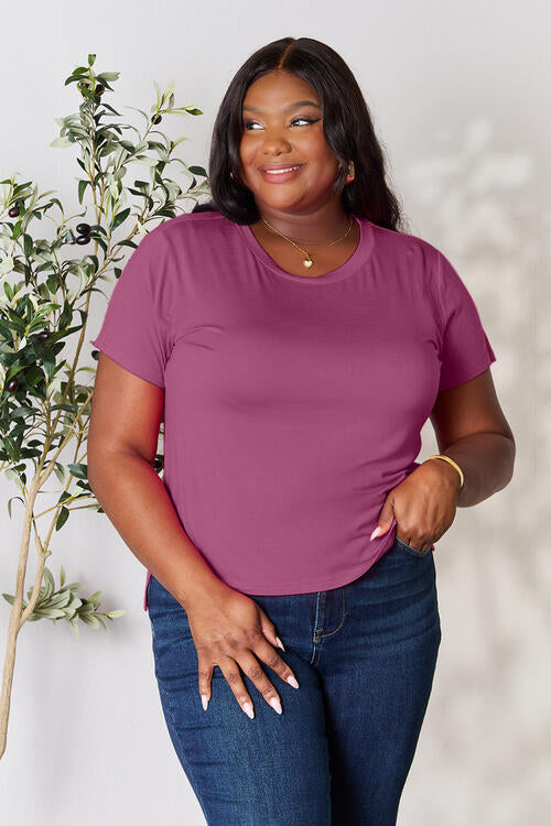 Basic Bae Full Size Round Neck Short Sleeve T-Shirt in various sizes, showcasing its soft fabric and classic design.