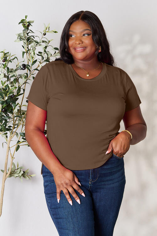 Basic Bae Full Size Round Neck Short Sleeve T-Shirt in various sizes, showcasing its soft fabric and classic design.