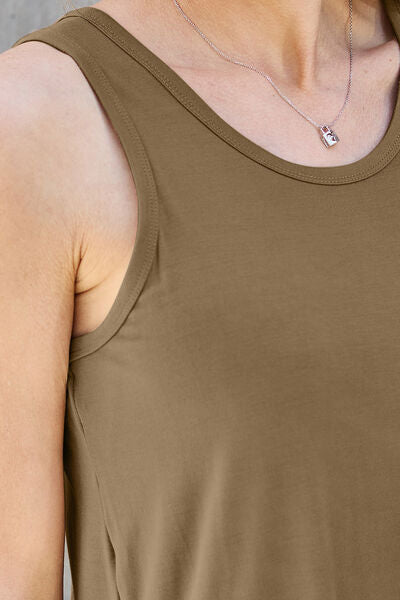 Basic Bae Full Size Round Neck Tank in various sizes, showcasing its round neck design and soft fabric.