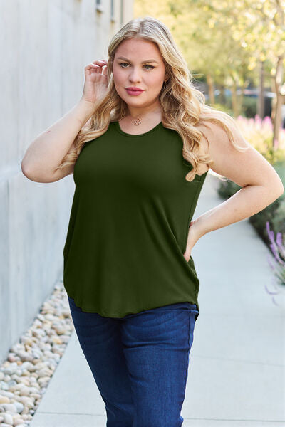 Basic Bae Full Size Round Neck Tank in various sizes, showcasing its round neck design and soft fabric.