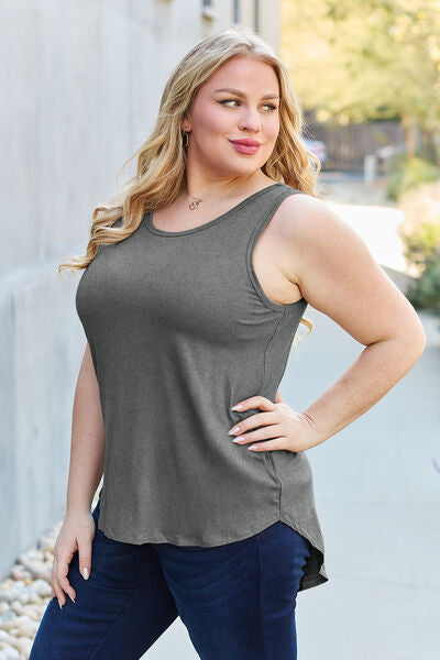 Basic Bae Full Size Round Neck Tank in various sizes, showcasing its round neck design and soft fabric.