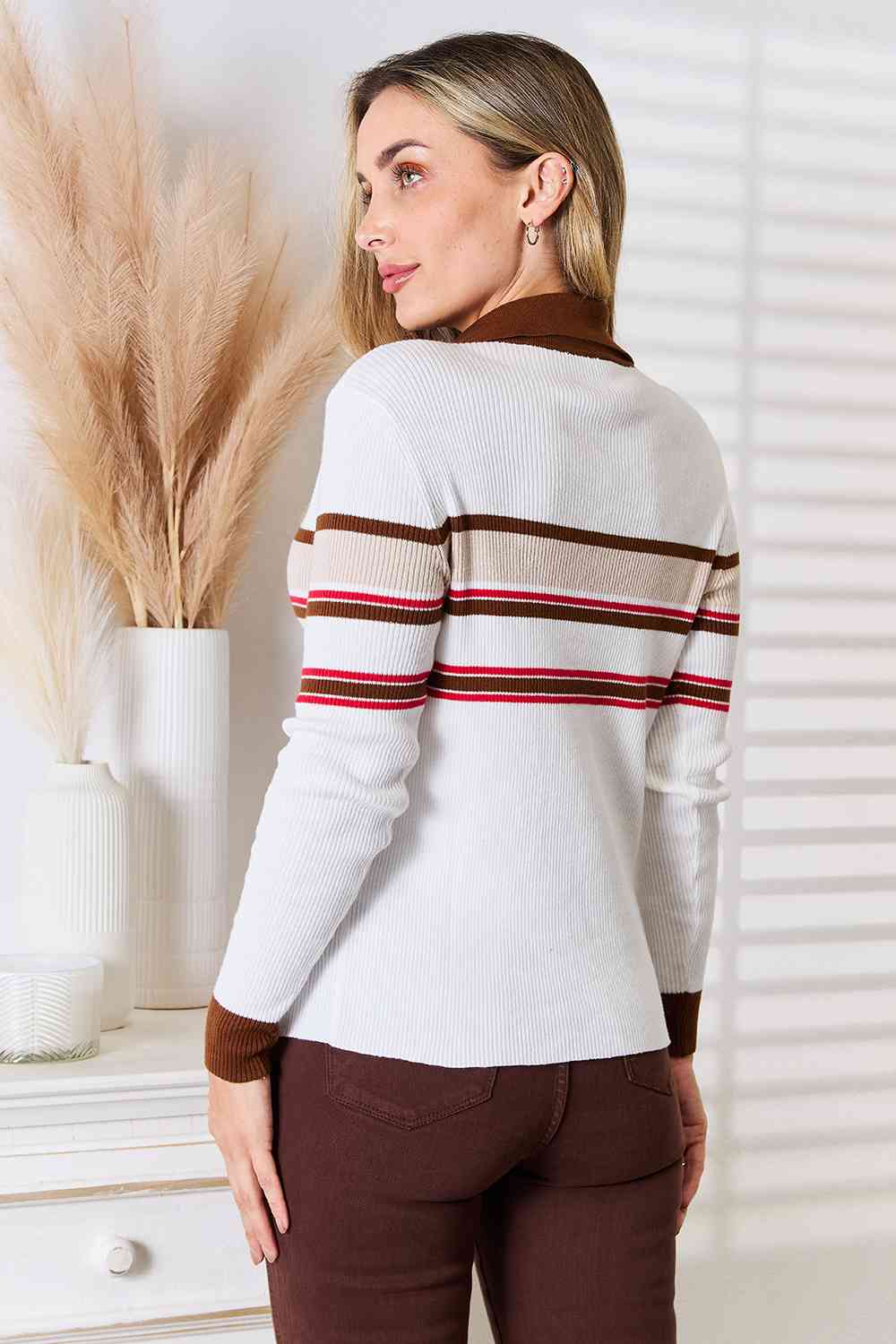 Basic Bae Striped Collared Neck Rib-Knit Top featuring a classic striped pattern and sophisticated collar, perfect for versatile styling.