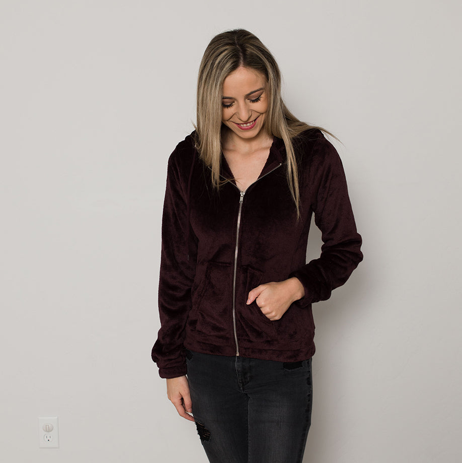 Basic Velour Zip-up Hoodie Jacket in soft fabric with a small hood and front pockets, perfect for casual wear.