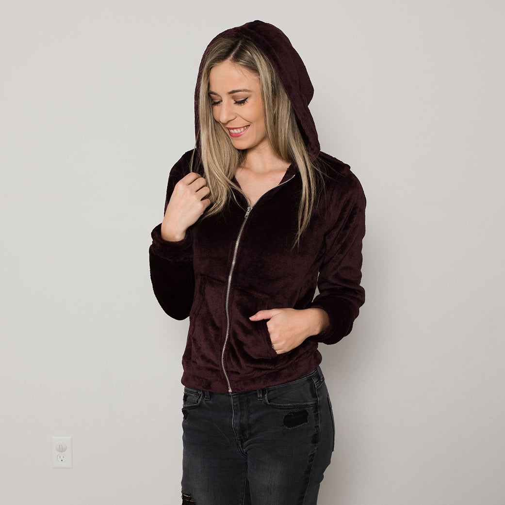 Basic Velour Zip-up Hoodie Jacket in soft fabric with a small hood and front pockets, perfect for casual wear.