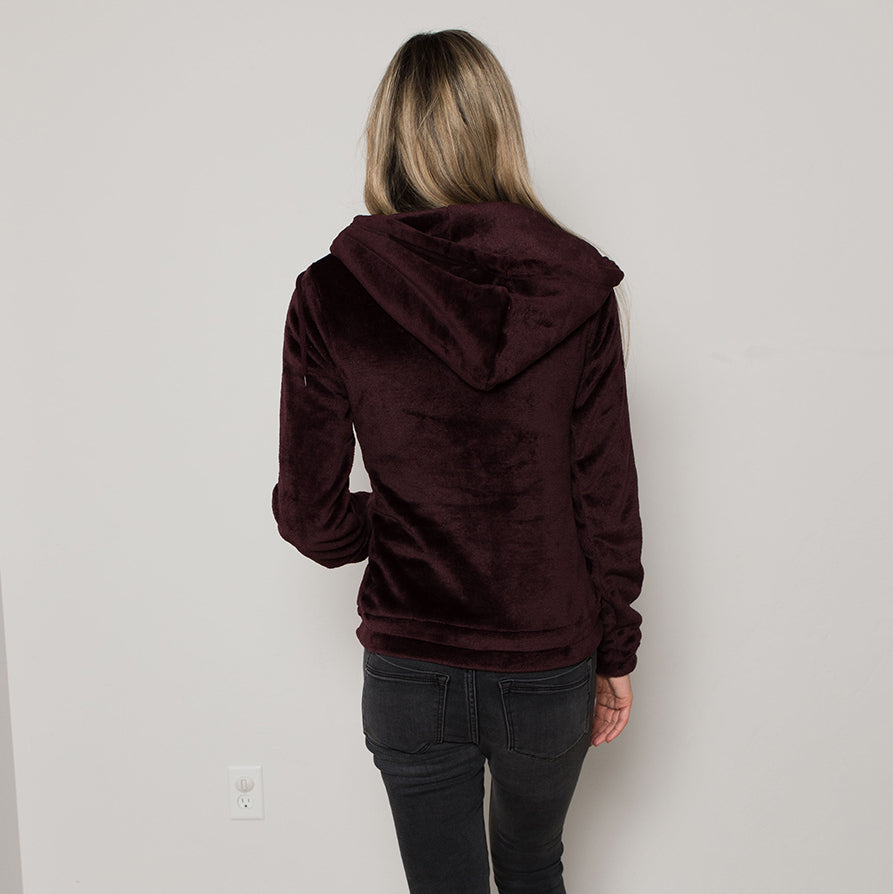 Basic Velour Zip-up Hoodie Jacket in soft fabric with a small hood and front pockets, perfect for casual wear.