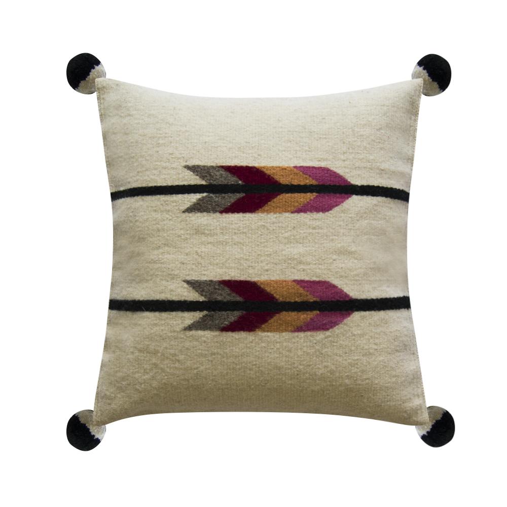 Baxa Native American Pillow Cover featuring pink arrows design, handcrafted from wool and cotton, showcasing traditional weaving techniques.